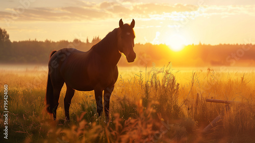 Horse in Natural Habitat at Sunrise, Horse in Misty Sunrise Field © Arc-Desing
