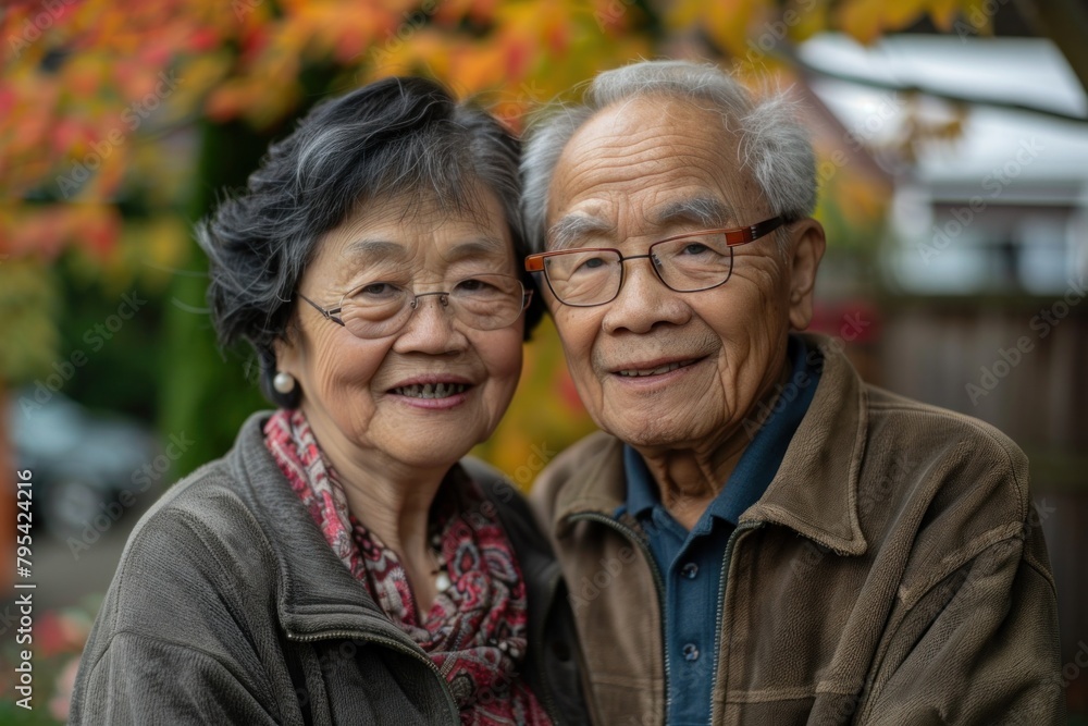 Adorable elderly Asian couple looking at camera smiling happily