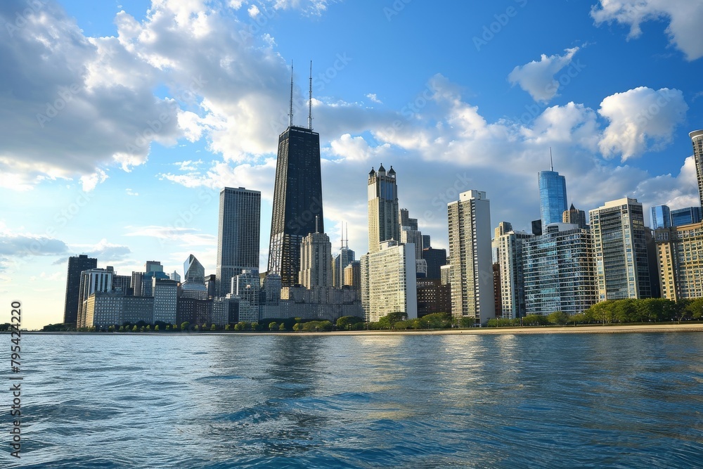 Obraz premium Panoramic view of Chicago's skyline,Chicago city center at sunset, view of tall building in city downtown, Ai generated