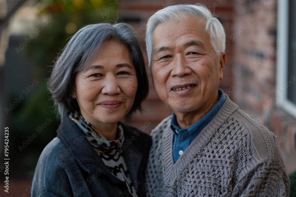 Adorable elderly Asian couple looking at camera smiling happily