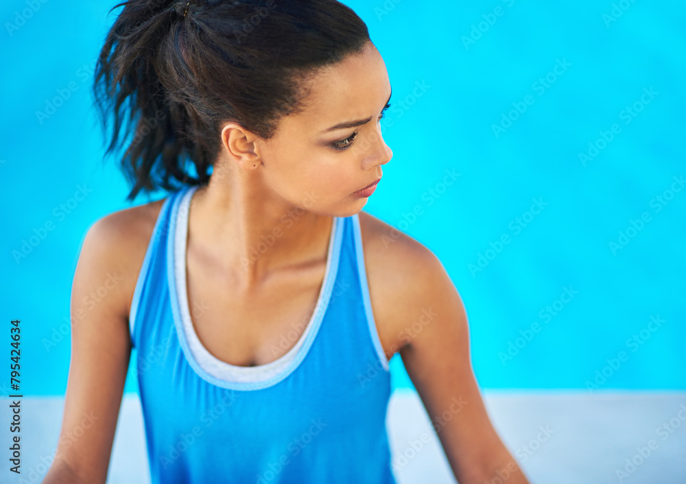 Fitness, exercise and woman with thinking in home for cardio workout, training or daily routine. Athlete, female person and calm at house with idea for sports, healthy body and wellness in high angle Fitness, exercise and woman with thinking in home for cardio workout, training or daily routine. Athlete, female person and calm at house with idea for sports, healthy body and wellness in high angle