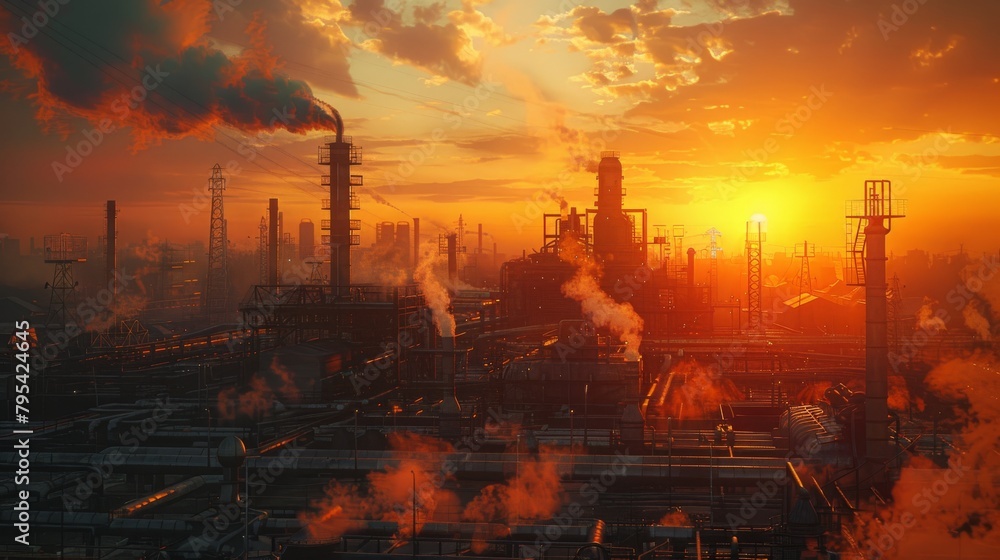 An industrial landscape with a large factory at sunset
