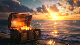 A treasure chest is serenely and peacefully opened on the beach at sunset. The chest is filled with gold coins and a scene.