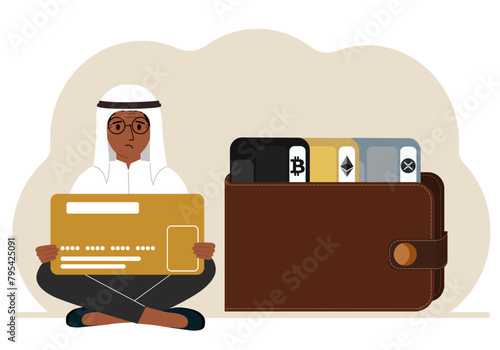 A man holds a card, next to a wallet with different cards for cryptocurrencies. Internet wallet, digital money transactions, exchange platform, cold wallet or hardware wallet. Vector flat illustration