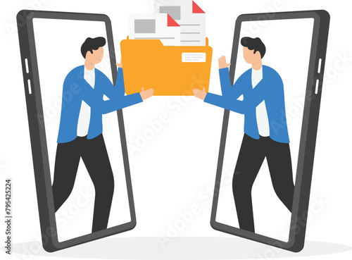 Businessman use mobile phone to sharing or transferring file

