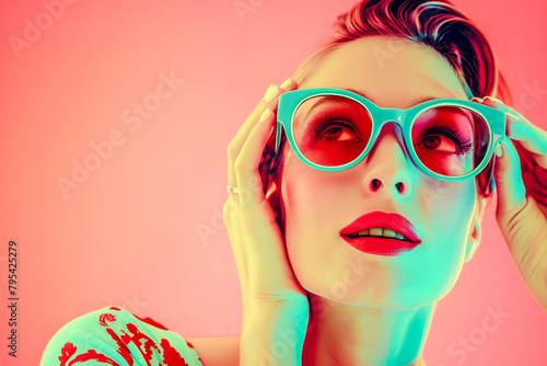 Portrait de femme avec lunette verte, regardant vers le haut gauche photo
