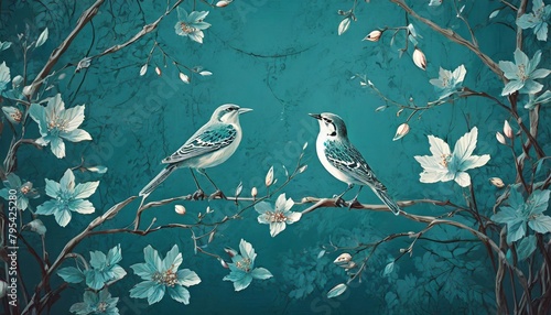 vintage photo wallpaper with branches and birds on cyan background