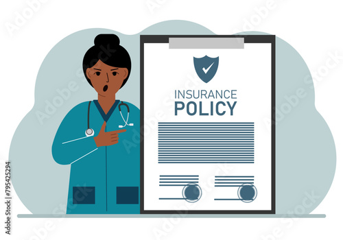 Woman doctor next to the insurance policy. Vector flat illustration