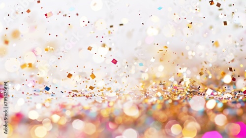 Glittery confetti flakes shimmering brightly against a pure white background