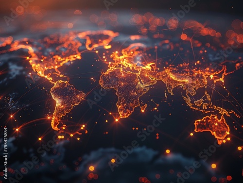 Artistic orange glowing world map with glowing dots representing cities and a plexus of glowing lines representing connections between them.