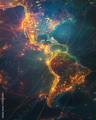 Artistic illustration of the planet Earth at night, showing the major cities and their connections.