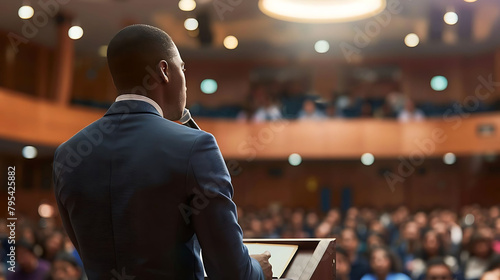 leadership seminar speaker in black and blue suit delivers speech under bright ceiling lights, with