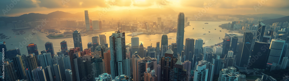 Obraz premium Golden hour over urban skyline with mountains and sea backdrop. Generative AI