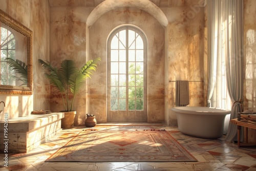 Bathroom with a large window  a rug on the floor  and a plant in the corner
