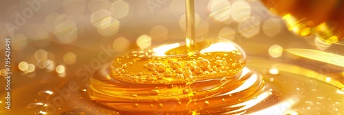 Indulge in the golden luxury of liquid honey, its viscous flow inviting you to savor the essence of pure indulgence photo