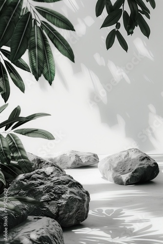 Tropical palm leaves, shadows and stones in monochrome grey gradient, minimal...