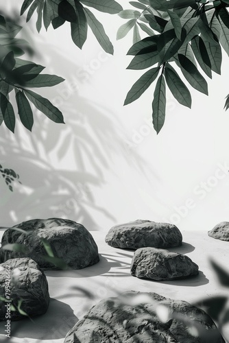 Tropical palm leaves, shadows and stones in monochrome grey gradient, minimal...