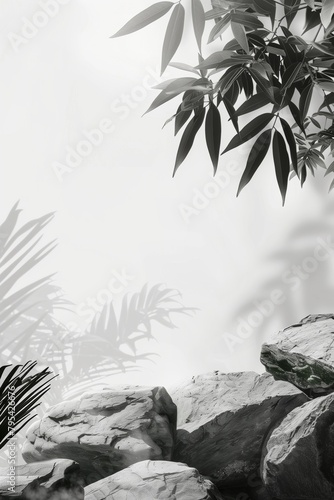 Tropical palm leaves, shadows and stones in monochrome grey gradient, minimal...