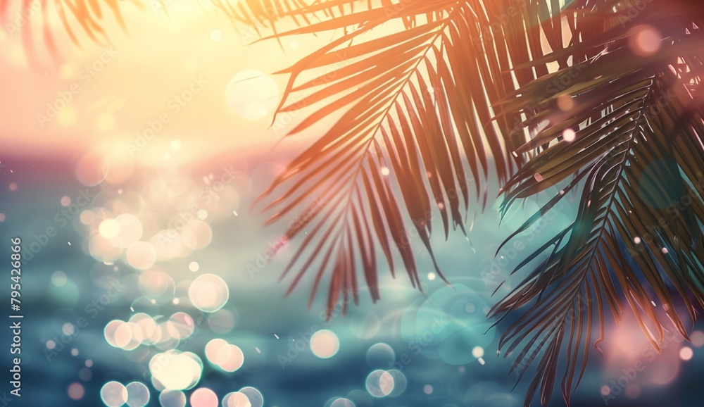 Landscape of tropical summer. Summer vacation concept with sunset sky, sea, bokeh light and palm leaves Landscape of tropical summer. Summer vacation concept with sunset sky, sea, bokeh light and palm leaves
