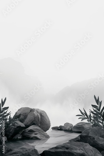 Tropical palm leaves, shadows and stones in monochrome grey gradient, minimal...