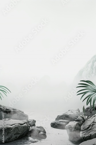 Tropical palm leaves, shadows and stones in monochrome grey gradient, minimal...