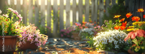 Gardening background with flowerpots in sunny spring or summer garden, banner