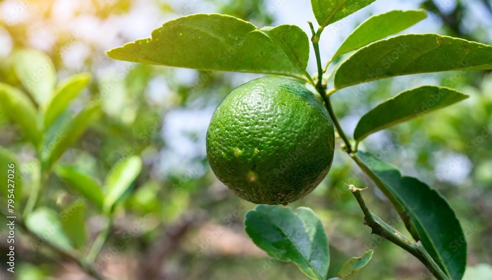 green lime a citrus fruit with lime leaves on tree branch twig