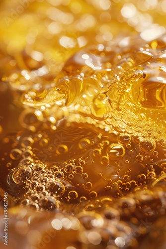 Immerse yourself in the golden hues of liquid honey, its shimmering surface glistening under soft, warm light