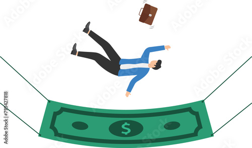 Budget saving net, businessman falling into a money banknote, financial help to keep business, rescue from risks

