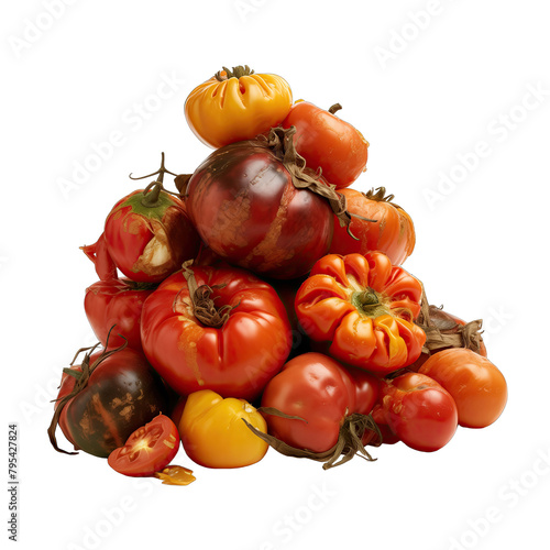 A pile of rotten tomatoes is on a white background photo