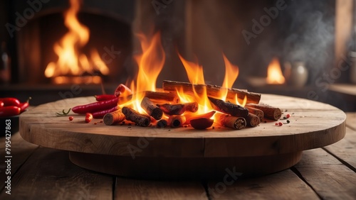 Empty Wooden Table with Fire Accents for Spicy Delights Food display