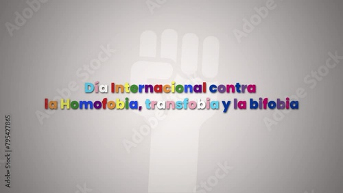 Día Internacional contra la Homofobia, la Transfobia y la Bifobia, texto en fondo blanco con mano.  photo