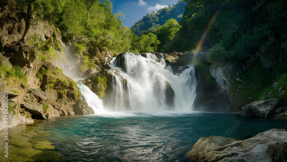 Fototapeta premium invigorating summer photo capturing the exhilarating rush of a waterfall