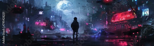 Futuristic city with neon lights and a person standing on a street. Banner photo