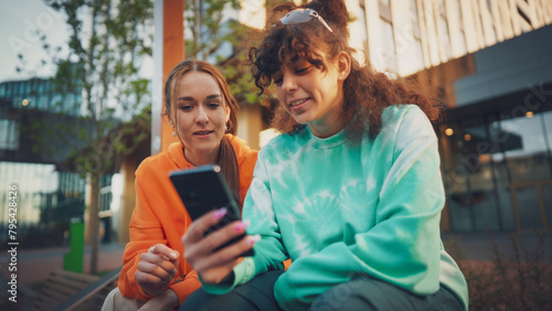 Two Young Women, One With Curly Hair In A Vibrant Tie-dye Sweatshirt, Share A Moment Of Joy While Looking At A Smartphone Outdoors, Reflecting Friendship And Connectivity In A Modern Urban Setting.