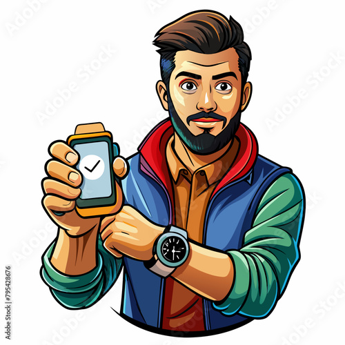 Isolated male hand with smart watch with blank screen, modern digital gadget with blank display