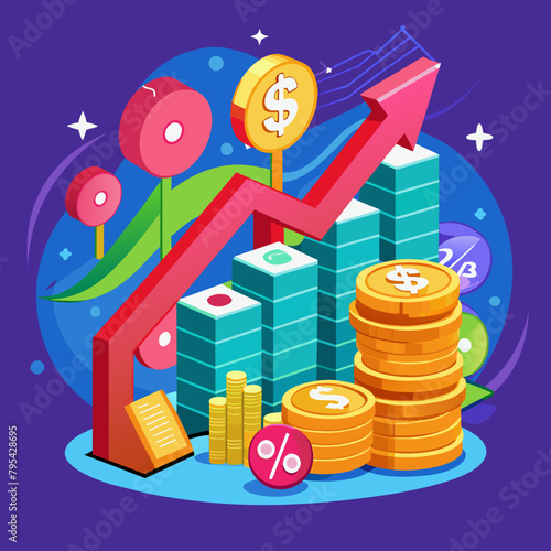 Allows you to stack money with an up arrow and a percentage symbol for increased investment or business in financial banks. 