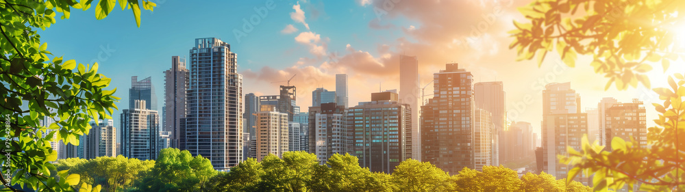 Banner with sunny day in a bustling city park with modern skyscrapers.  Generative AI