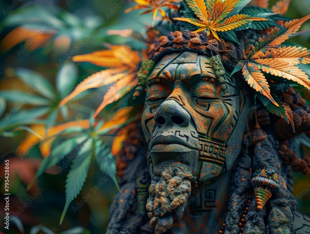Carved stone sculpture of a man wearing a headdress made of cannabis leaves