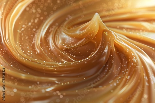 Dive into the rich, amber depths of liquid caramel, its velvety texture swirling in deliciously tempting patterns photo