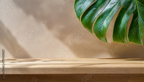 blank brown wooden counter table in soft sunlight leaf shadow on beige texture wallpaper wall for luxury organic cosmetic skincare beauty body care treatment product display background 3d