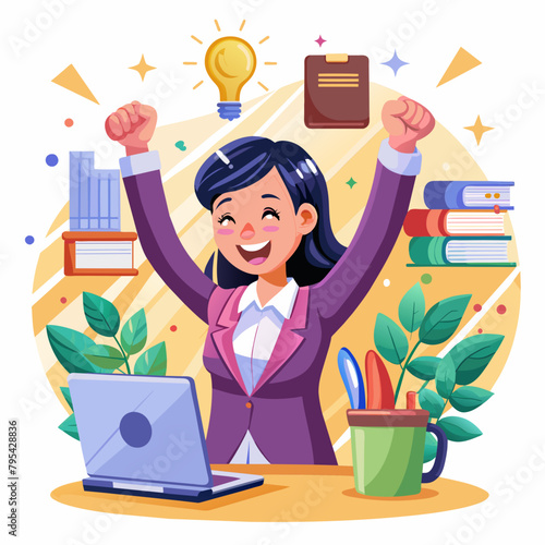 A cheerful Asian businesswoman celebrating victory while receiving good news, excited about the success of her project.