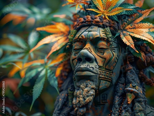 Carved stone sculpture of a man wearing a headdress made of cannabis leaves © Pornarun