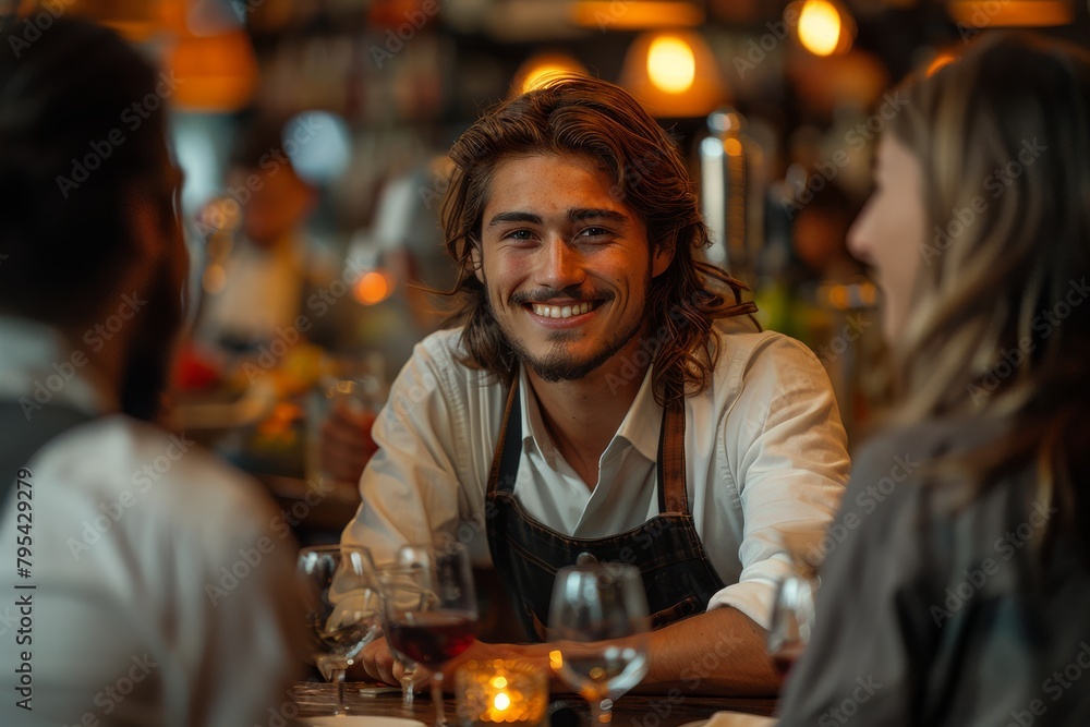 Friendly male bartender with a warm smile serving customers and enjoying the interaction in a bar Friendly male bartender with a warm smile serving customers and enjoying the interaction in a bar