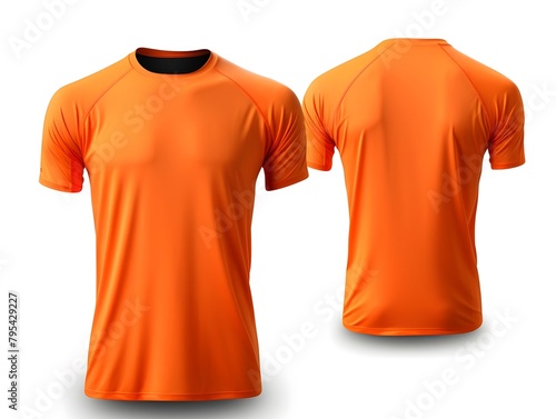 Neon orange t-shirt front and back view clothes on isolated white background