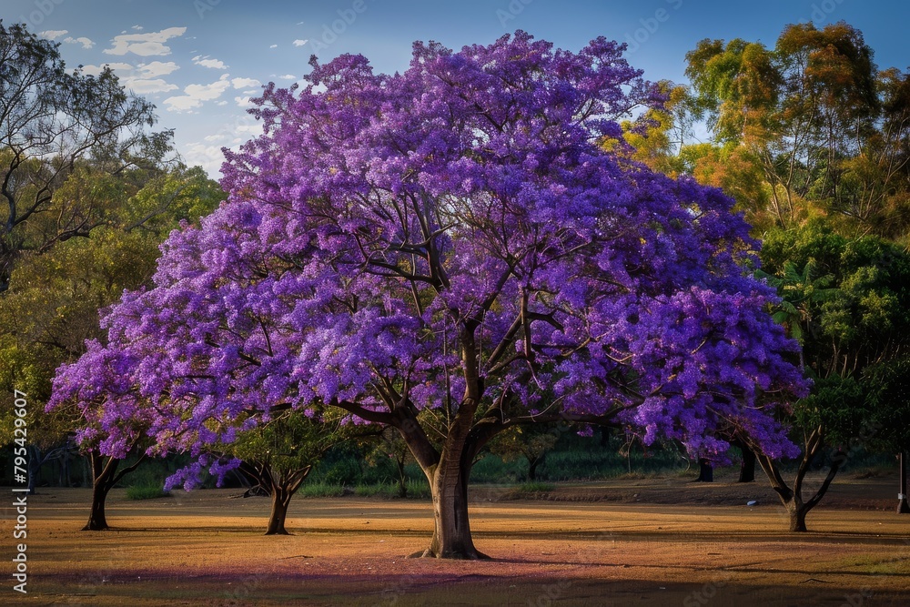 Obraz premium Graceful jacaranda tree with clusters of purple flowers, adding a pop of color to any composition
