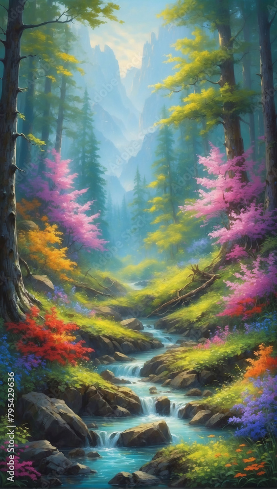 Artistic Conception of a Vibrant Landscape Painting, Celebrating the Splendor of the Forest in Full Bloom.
