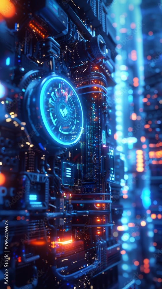 circuit board with blue and orange lights circuit board with blue and orange lights
