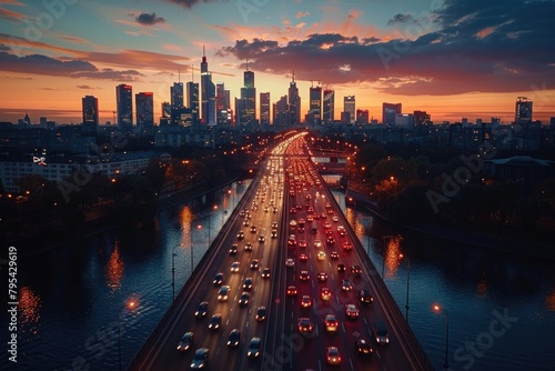 Aerial view of the bridge and the business center with skyscrapers in the background of the city of Warsaw, at dusk after sunset. Cinematic drone shot on a bridge with cars and a river at night.