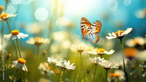 A beautiful spring summer meadow. Colorful panoramic landscape with wild flowers of daisies against blue sky. Outdoor nature banner. A colorful artistic image with a soft focus, beautiful bokeh. © Julia
